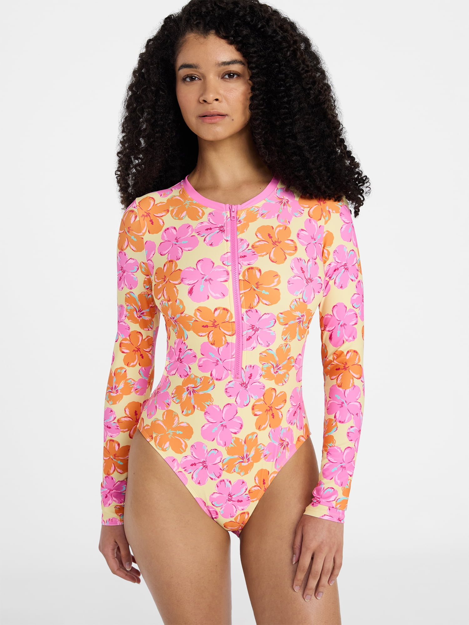 No Boundaries Hilo Hibiscus Cutout One-Piece Swimsuit with Long Sleeves, Women's XXS-XXL