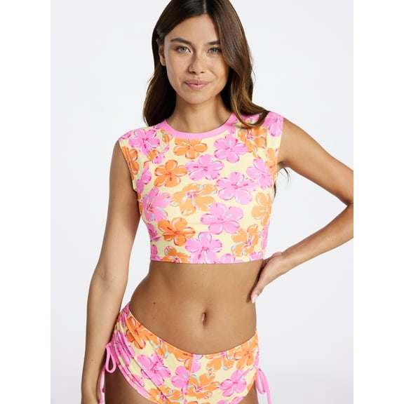 No Boundaries Hilo Hibiscus Rashguard Crop Top with Short Sleeves, Women's XXS-XXL