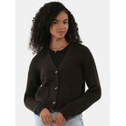 No Boundaries Button Front Ribbed Cardigan Sweater, Midweight, Women’s