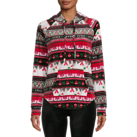 No Boundaries Women's Juniors Christmas Plush Pullover Hoodie