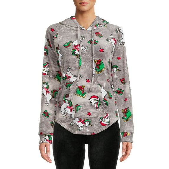 No Boundaries Women's Juniors Christmas Plush Pullover Hoodie