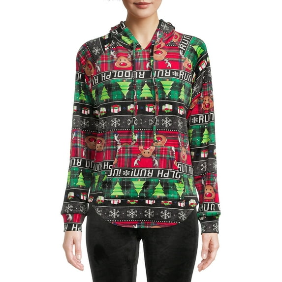 No Boundaries Women's Juniors Christmas Plush Pullover Hoodie