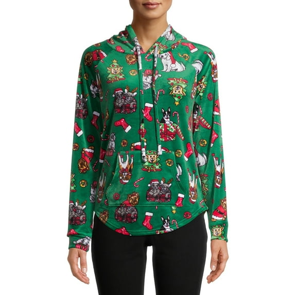 No Boundaries Women's Juniors Christmas Plush Pullover Hoodie