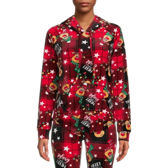 No Boundaries Women's Juniors Christmas Plush Pullover Hoodie