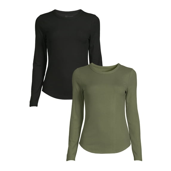 No Boundaries Women's Juniors Crewneck Ribbed T-Shirt with Long Sleeves, 2-Pack