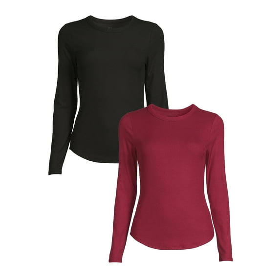 No Boundaries Women's Juniors Crewneck Ribbed T-Shirt with Long Sleeves, 2-Pack