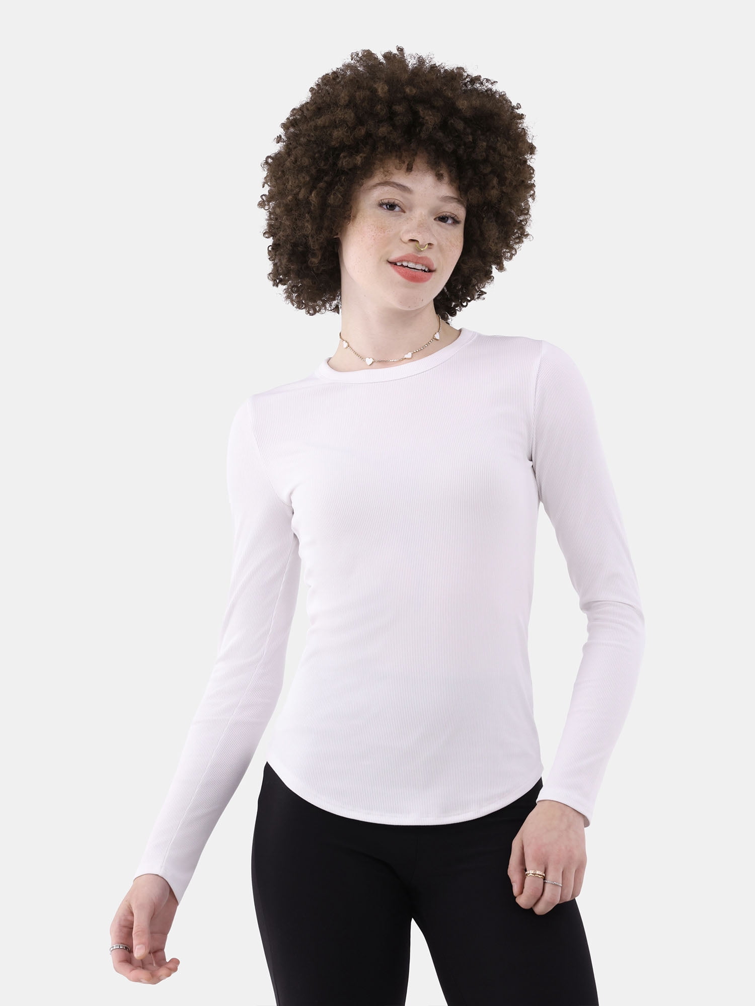 No Boundaries Crewneck Ribbed T-Shirt with Long Sleeves, 2-Pack, Women ...