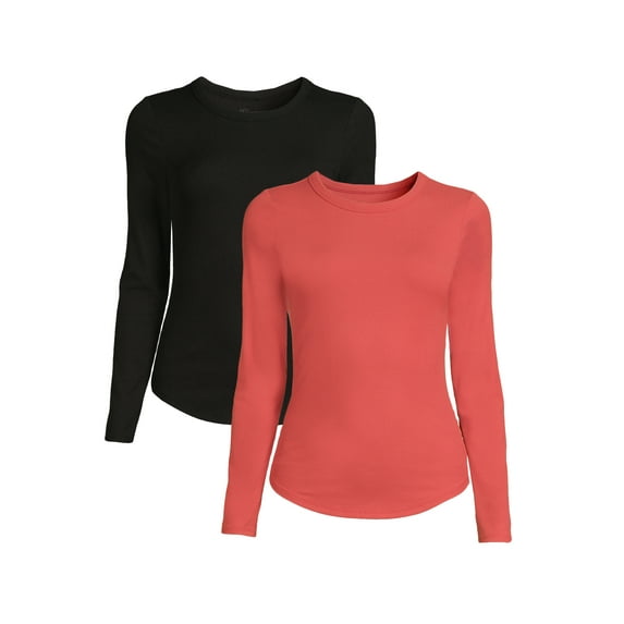 No Boundaries Women's Juniors Crewneck Ribbed T-Shirt with Long Sleeves, 2-Pack