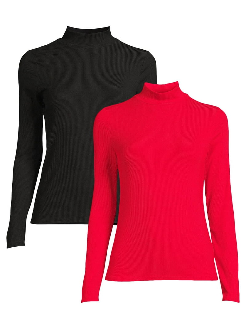 No Boundaries Women's Ribbed Stretch Mock Neck Top 2-Pack, Long