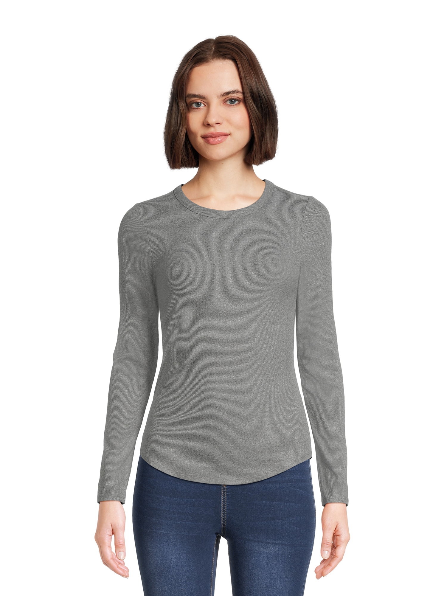 No Boundaries Women's Juniors Ribbed Crewneck Tee with Long Sleeves ...