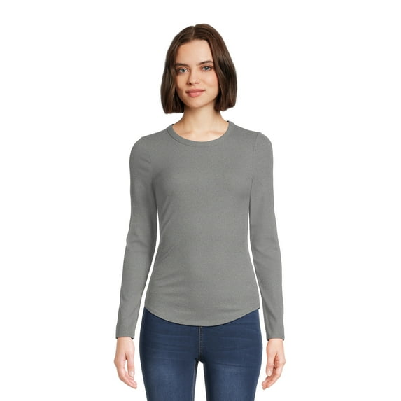 No Boundaries Women's Juniors Ribbed Crewneck Tee with Long Sleeves, Sizes XS-XXXL