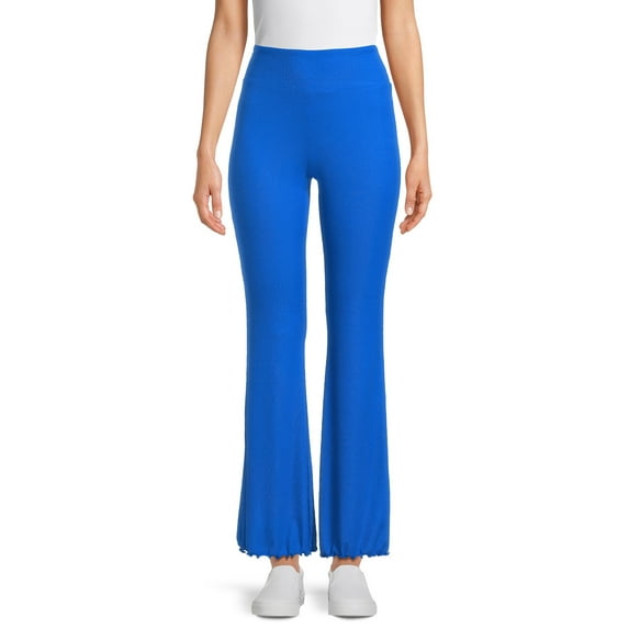 No Boundaries Women's Juniors Ribbed Flare Lettuce Hem Pants, Sizes S-XXXL