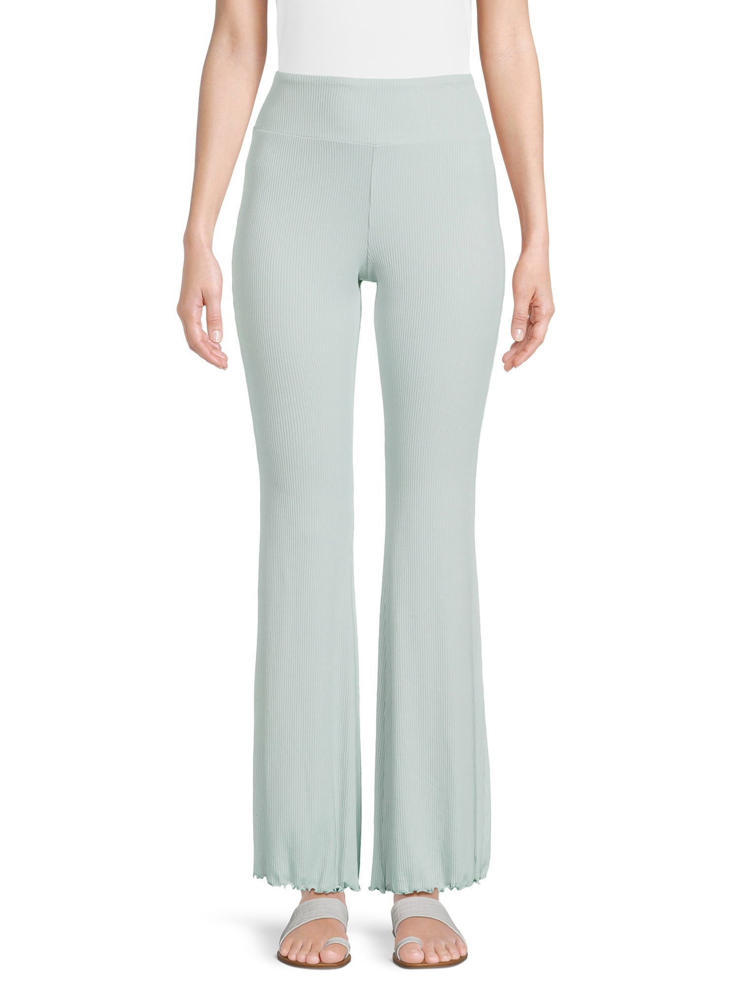No Boundaries Women's Juniors Ribbed Flare Lettuce Hem Pants, Sizes S-XXXL