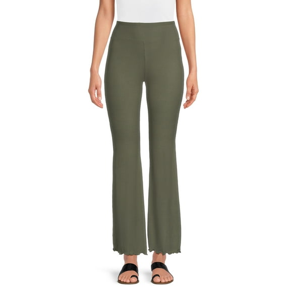 No Boundaries Women's Juniors Ribbed Flare Lettuce Hem Pants, Sizes S-XXXL