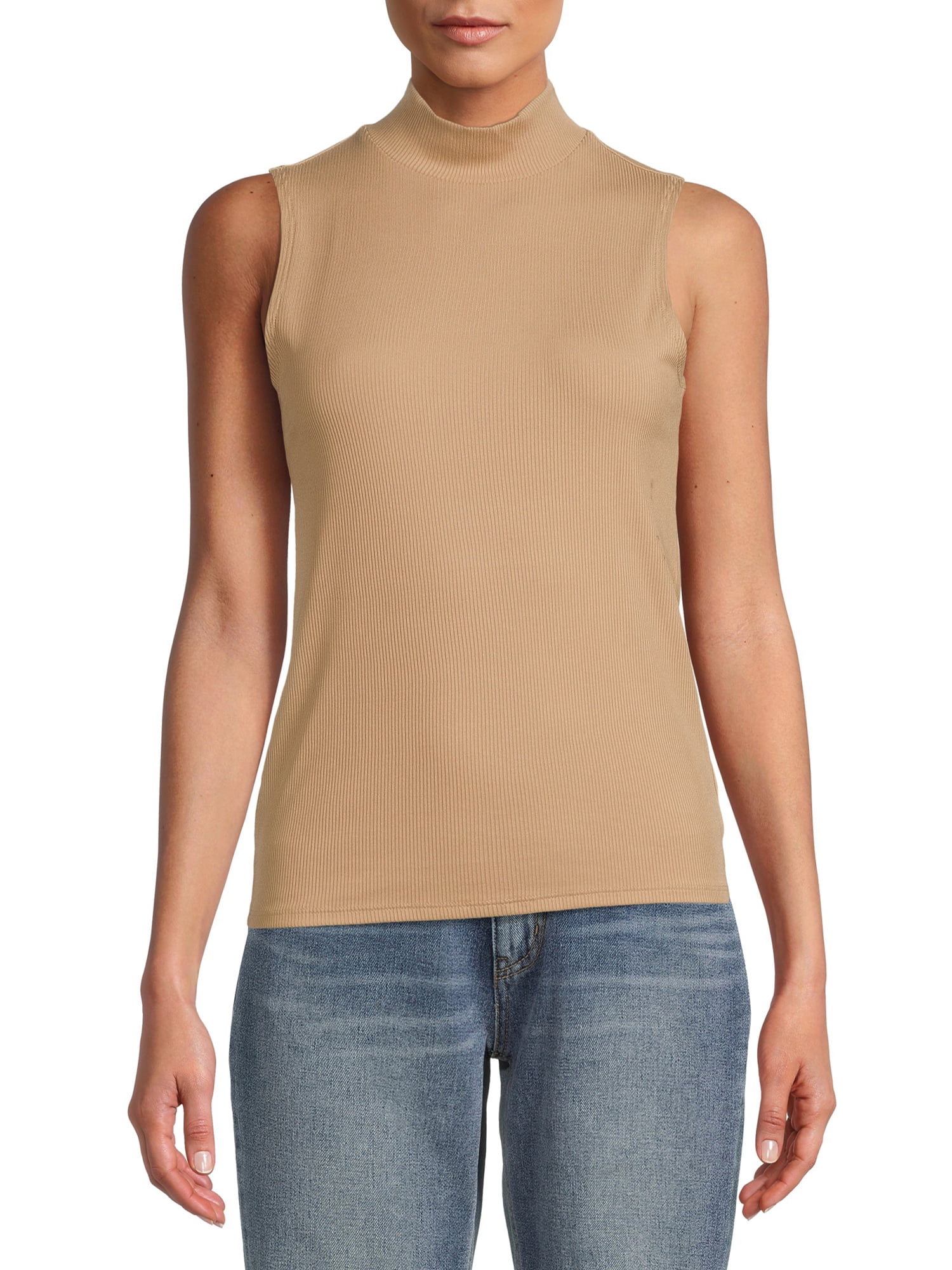 No Boundaries Ribbed Mock Neck Top with Long Sleeves, Women's and Women's Plus