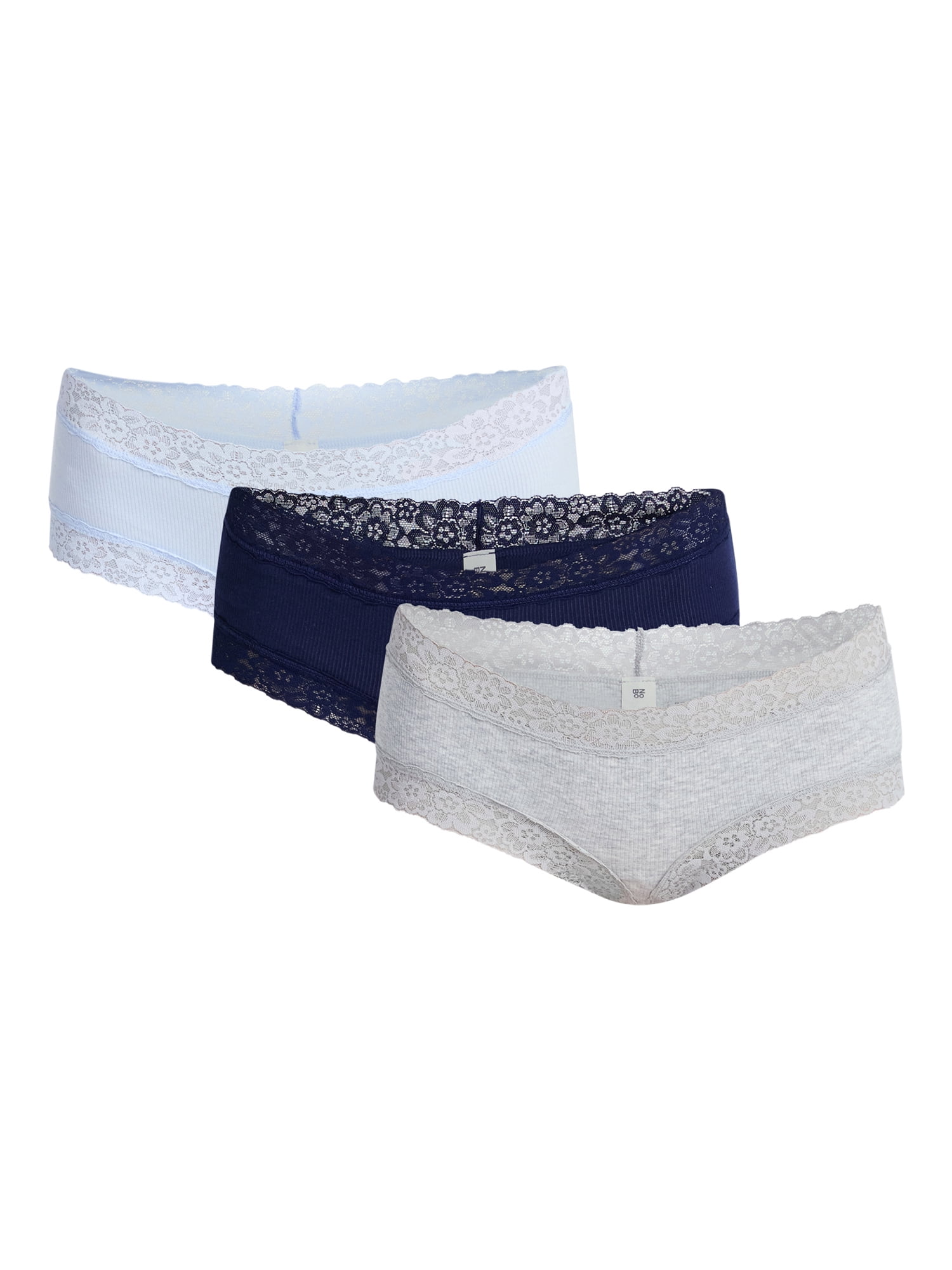 No Boundaries Lace Trim Cotton Rib Cheeky Panties, 3-Pack, Women's XS-XXXL