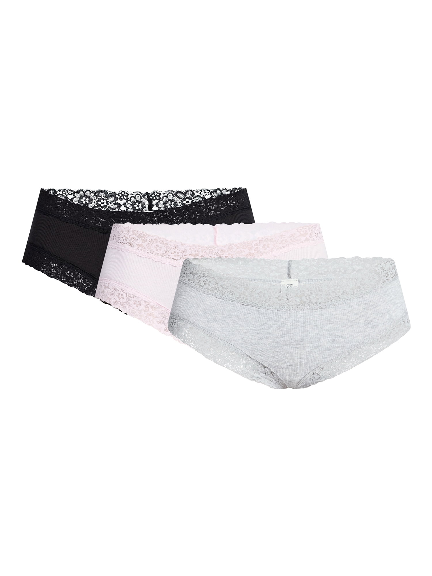 No Boundaries Lace Trim Cotton Rib Cheeky Panties, 3-Pack, Women's XS-XXXL