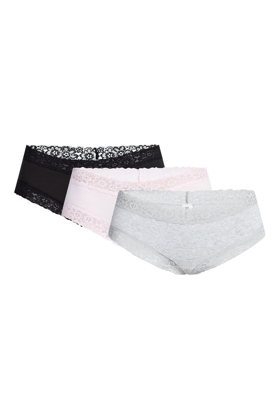 Lace Trim Cotton Rib Cheeky Panties, 3-Pack, Women's XS-XXXL