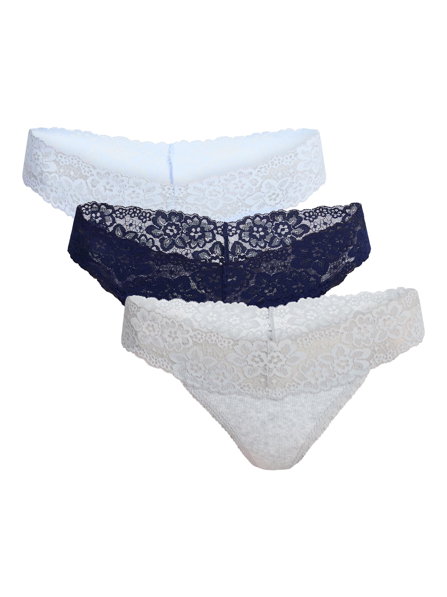 No Boundaries Lace Trim Cotton Rib Thong Panties, 3-Pack, Women's XS-XXXL