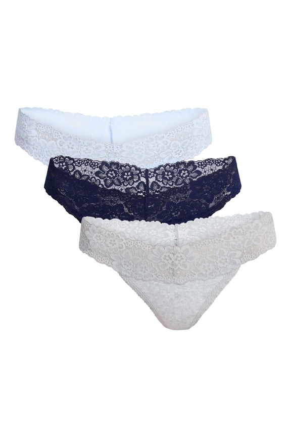 Lace Trim Cotton Rib Thong Panties, 3-Pack, Women's XS-XXXL