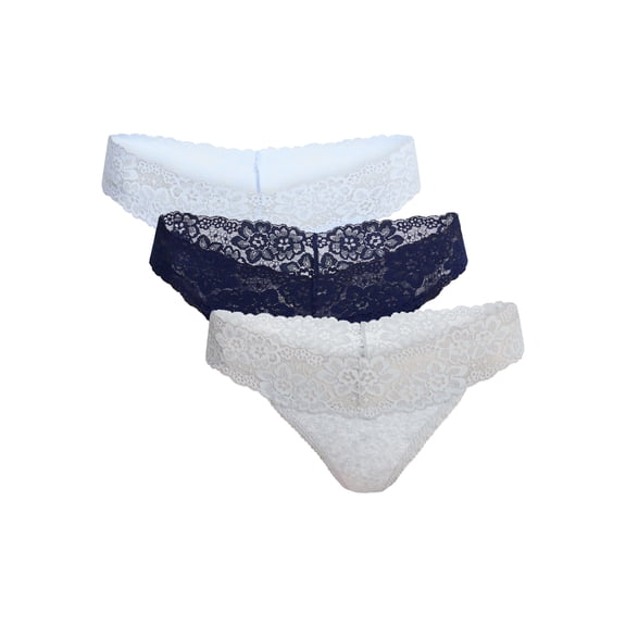 No Boundaries Lace Trim Cotton Rib Thong Panties, 3-Pack, Women's XS-XXXL