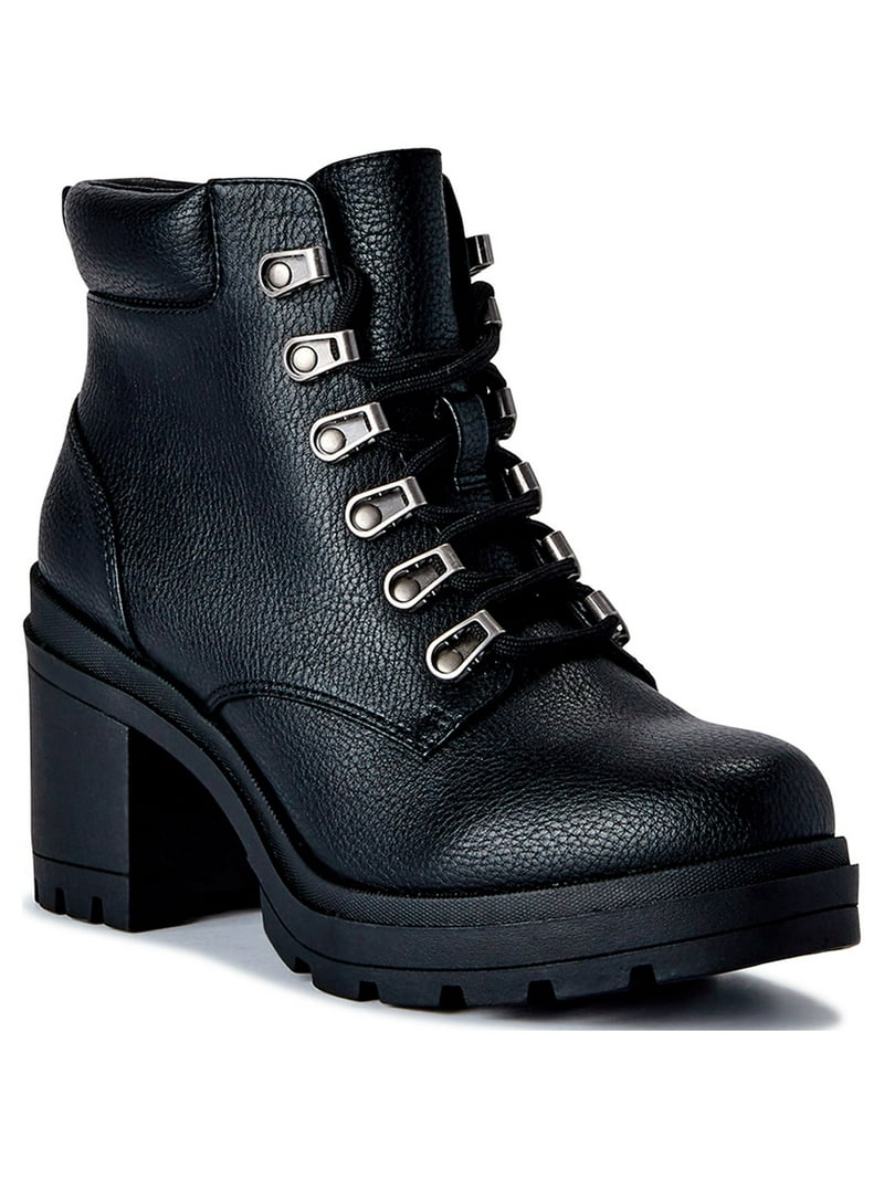 No Boundaries Women's Lace Up Heeled Moto Boots, Wide Width