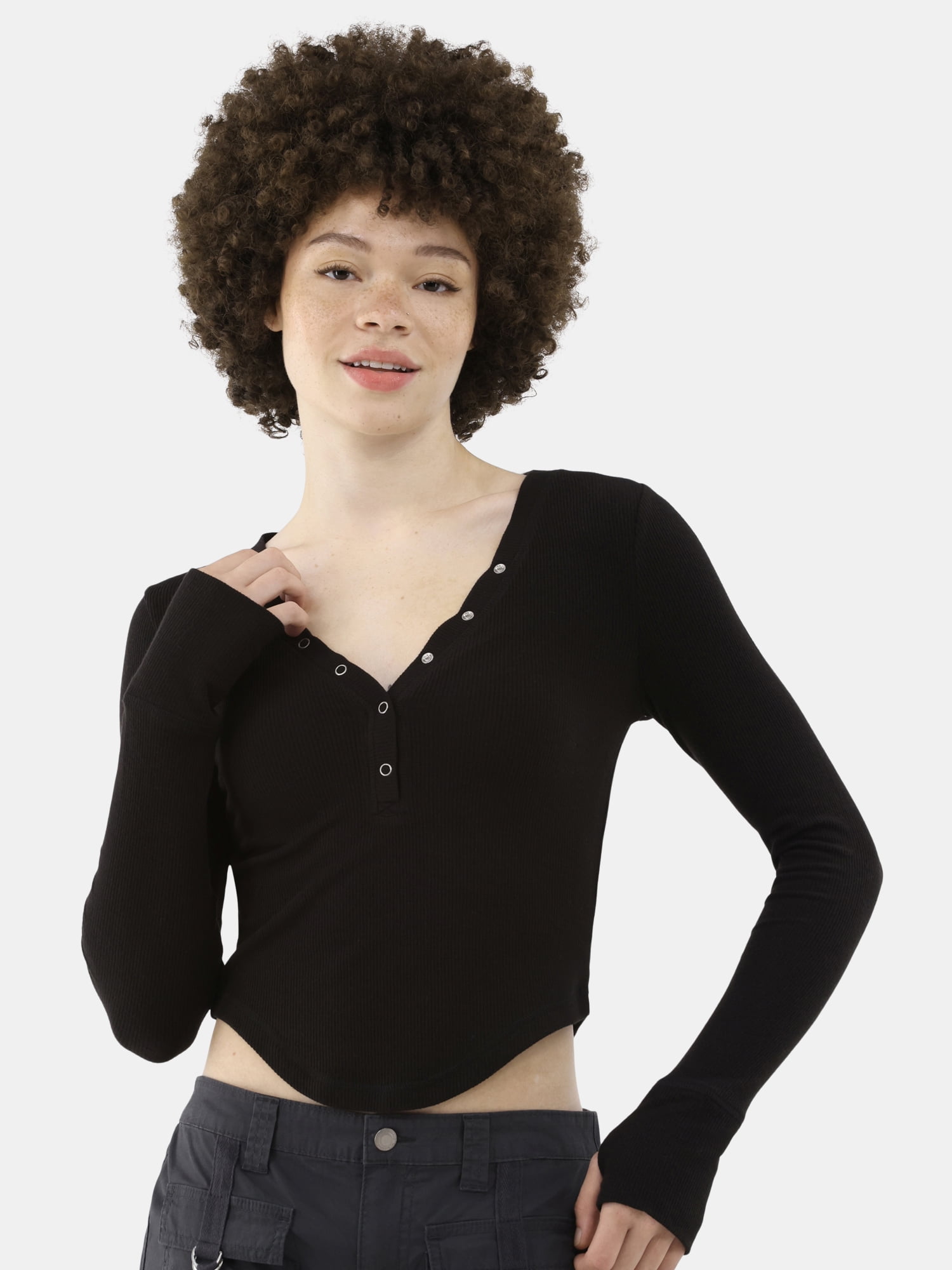 No Boundaries V-Neck Henley, Women's - Walmart.com