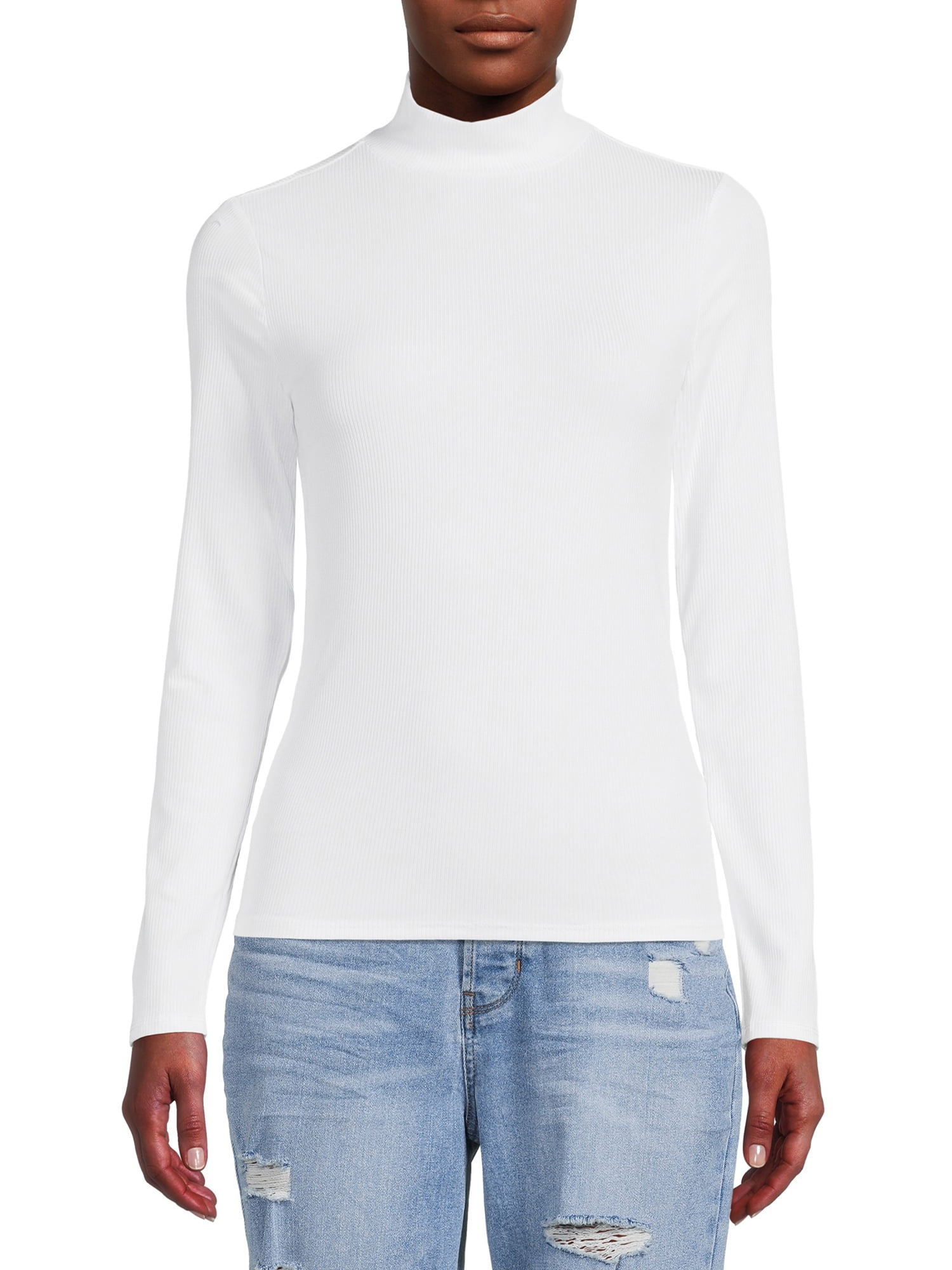 No Boundaries Women's Ribbed Mock Neck Long Sleeve Fitted Stretch