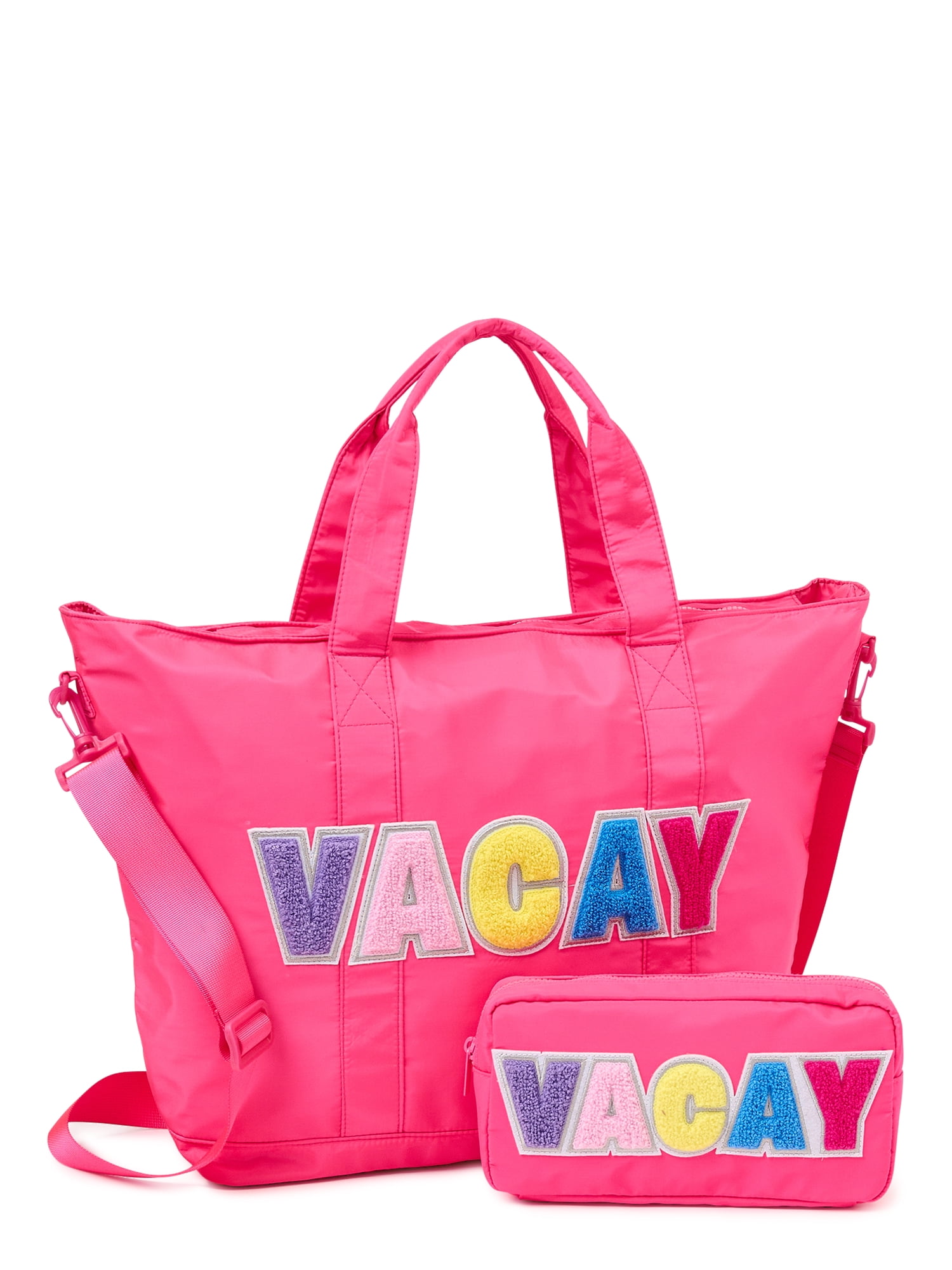 No Boundaries Women’s Nylon Vacay Tote and Pouch Set, Fuchsia, 2-Piece