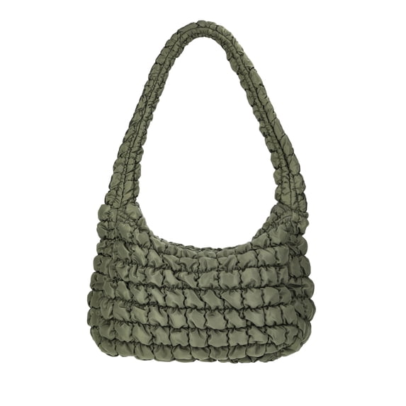 No Boundaries Women's Quilted Puffer Oversized Shoulder Hobo Bag, Olive
