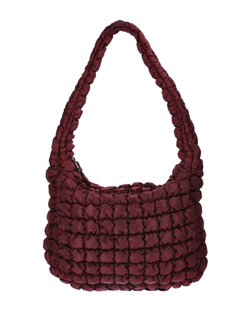 No Boundaries Women's Oversized Quilted Hobo Bag, Wine