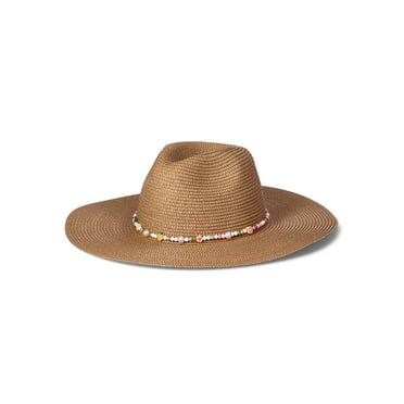 No Boundaries Women's Paper Straw Fedora With Beaded Trim, Tan