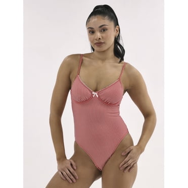 No Boundaries Women's Picot Neckline One Piece Swimsuit, Sizes XXS-XXL