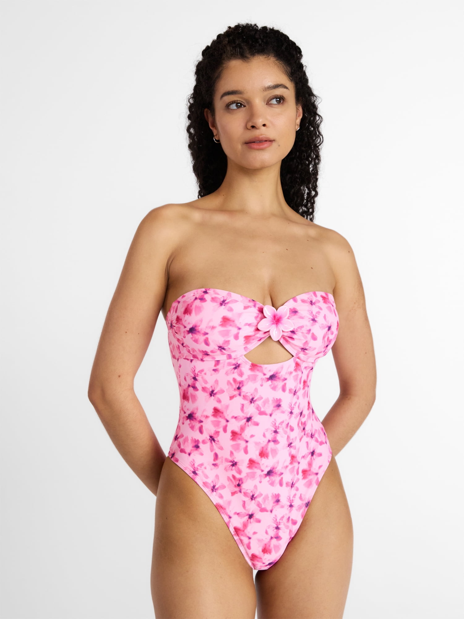 No Boundaries Floral Cut Out Bandeau One Piece Swimsuit, Women's XXS -XXL