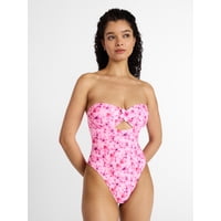 No Boundaries Women's Floral Bandeau One-Piece Swimsuit (Rosy Petal, M-L)