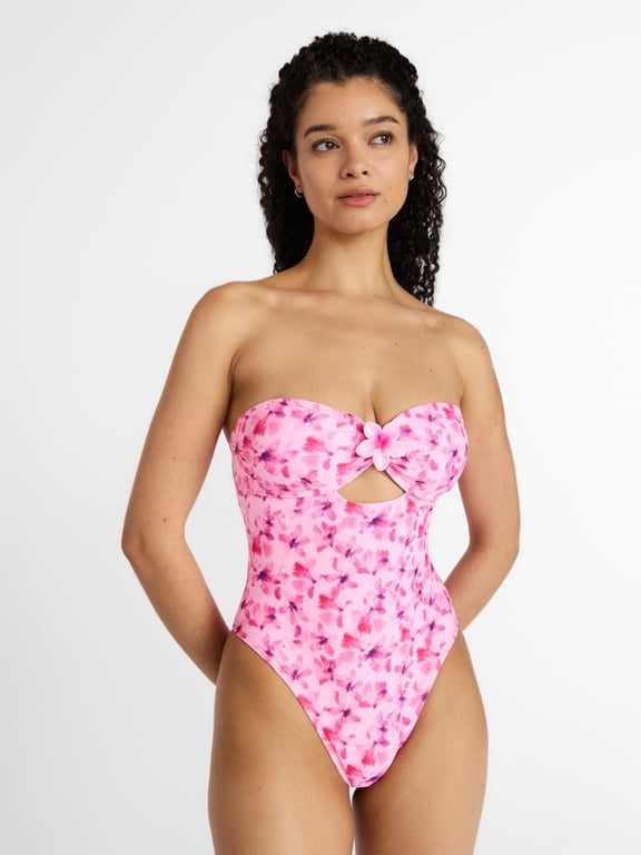 Floral Cut Out Bandeau One Piece Swimsuit, Women's XXS -XXL