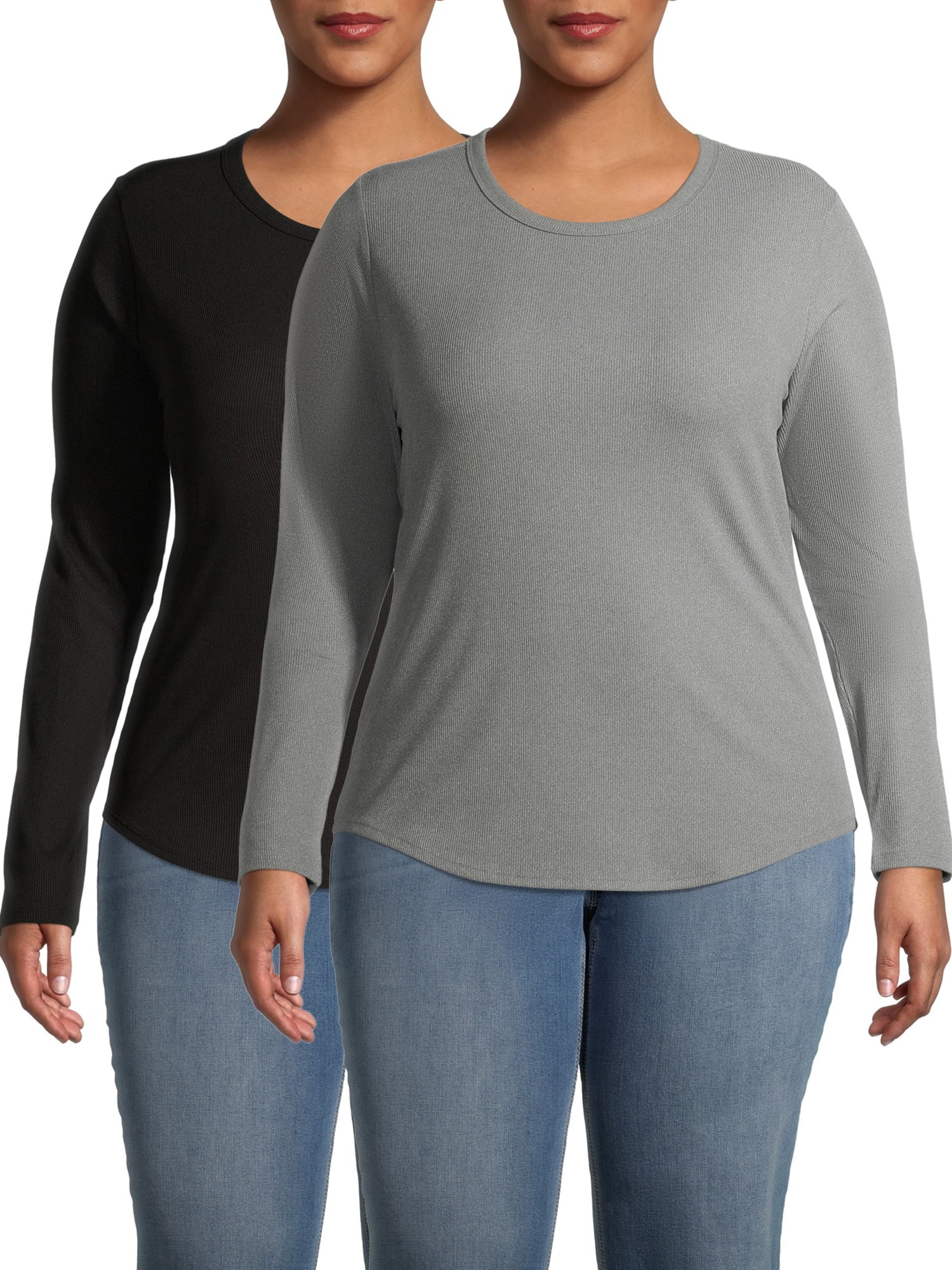 No Boundaries Women’s Plus Size Crewneck Ribbed T-Shirt with Long Sleeves,  2-Pack, Sizes XL-3X