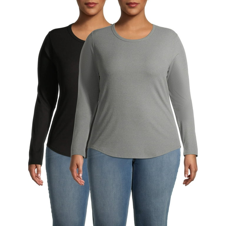 No Boundaries Women's Plus Size Crewneck Ribbed T-Shirt with Long Sleeves,  2-Pack, Sizes XL-3X 