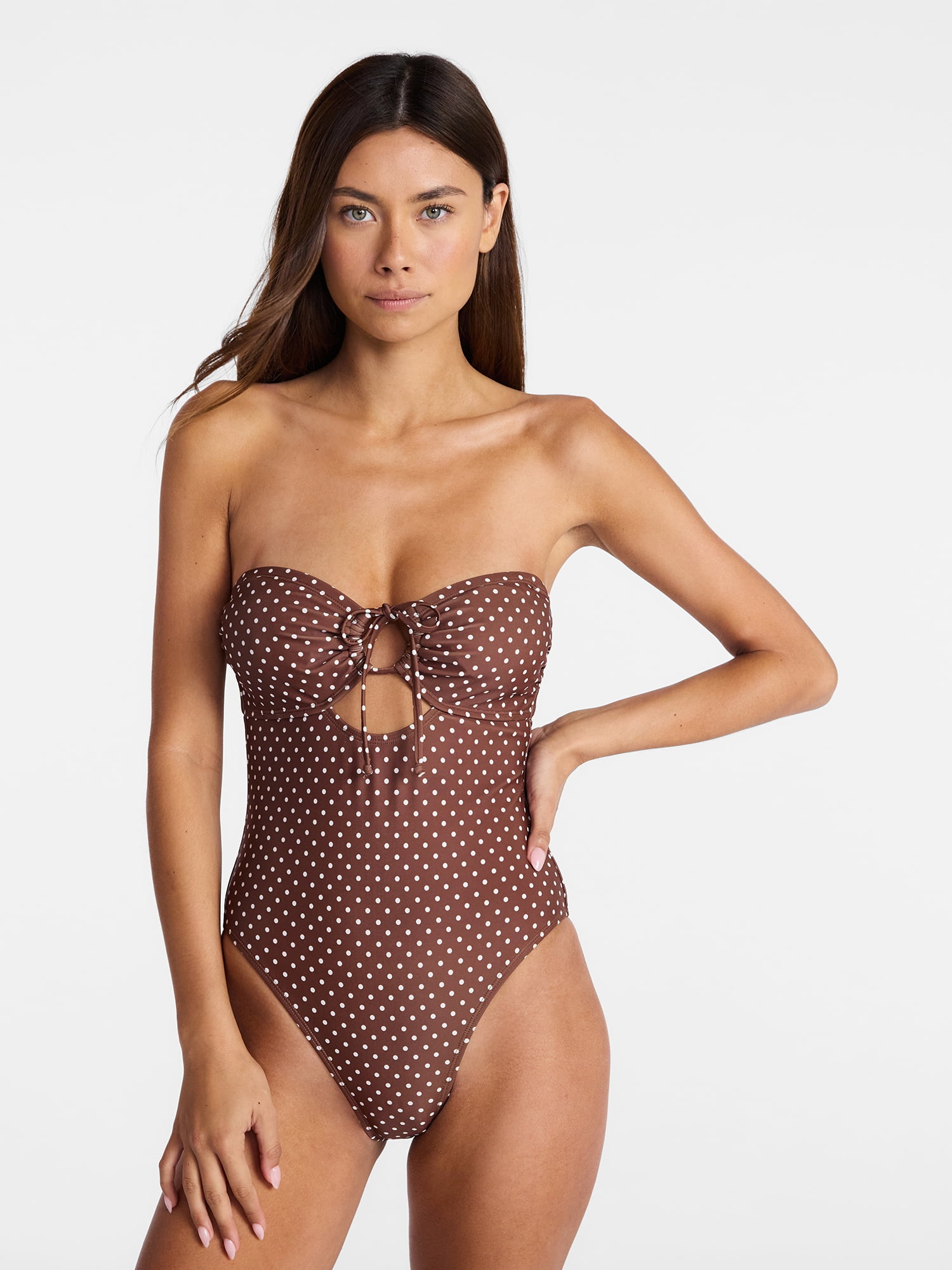 No Boundaries Polka Dot Tie Front Bandeau One Piece Swimsuit, Women's XXS-XXL
