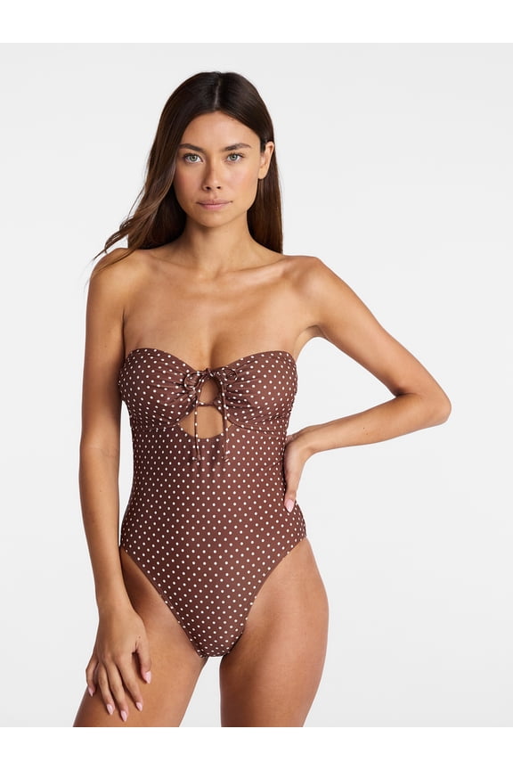 Polka Dot Tie Front Bandeau One Piece Swimsuit, Women's XXS-XXL