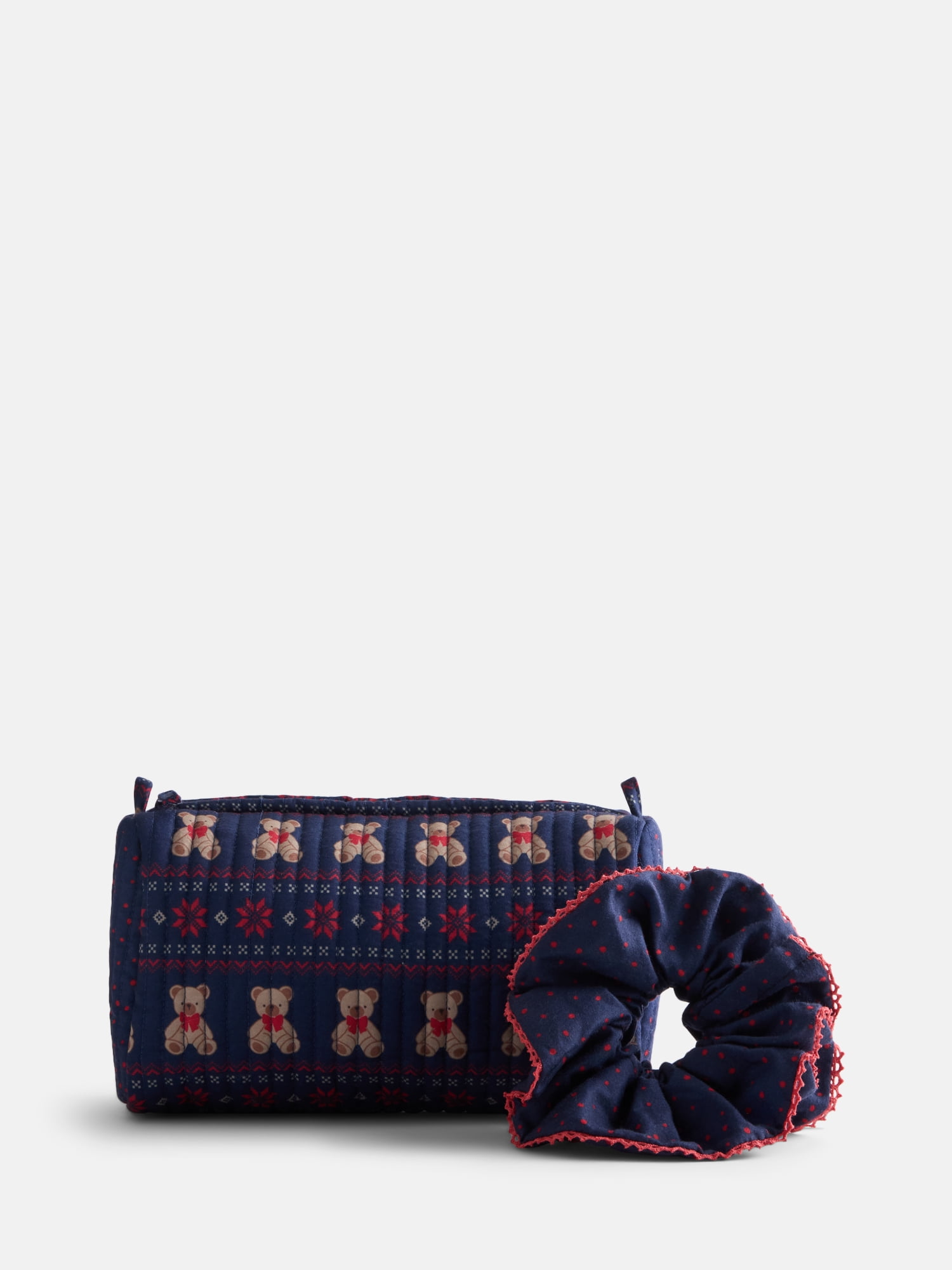 No Boundaries Quilted Pouch with Hair Scrunchie Set, 2-Piece, Women's, Navy Bear Fair Isle