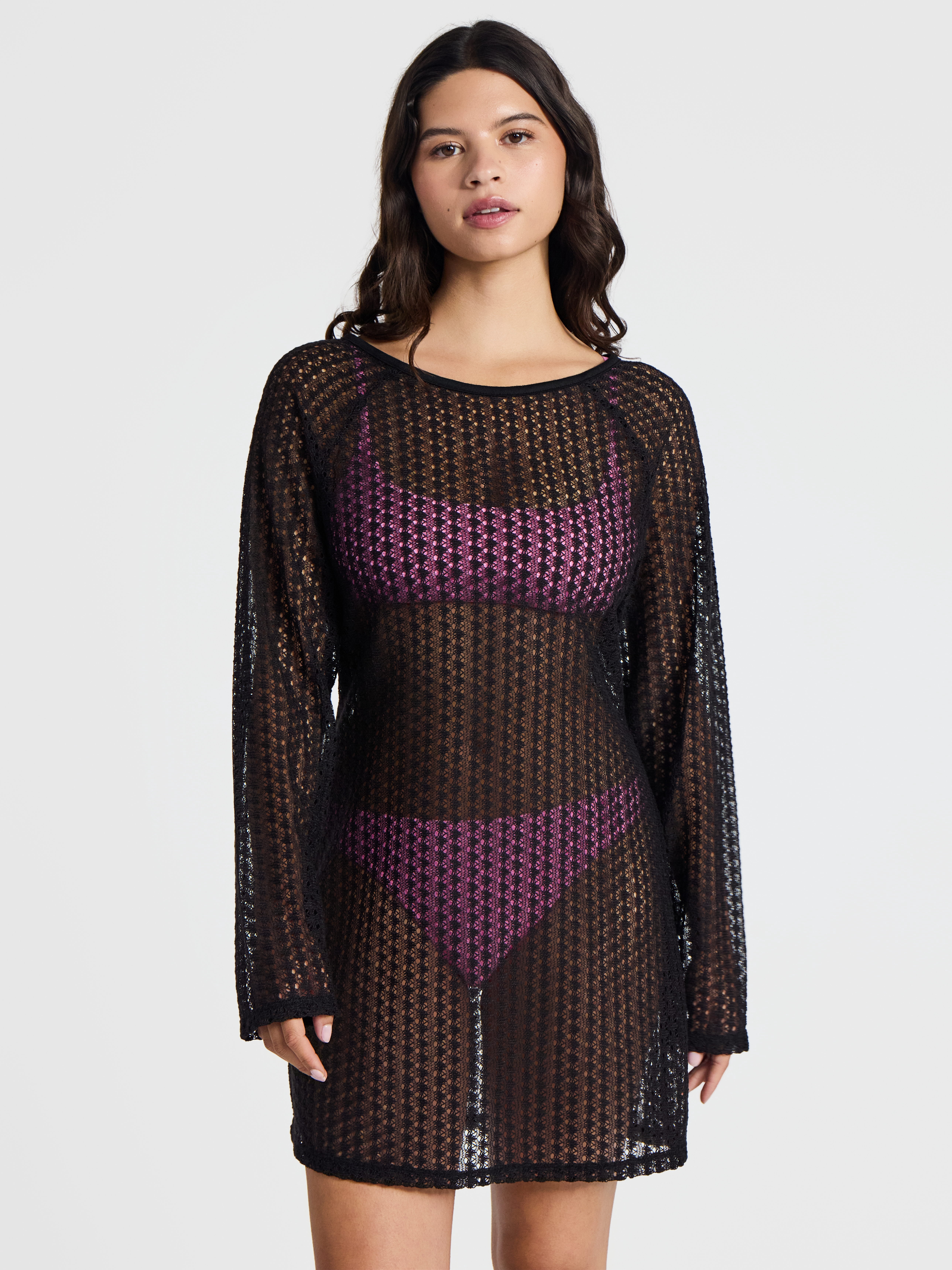 No Boundaries Crochet Raglan Dress Swim Coverup with Long Sleeves, Women's