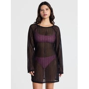 No Boundaries Crochet Raglan Dress Swim Coverup with Long Sleeves, Women's
