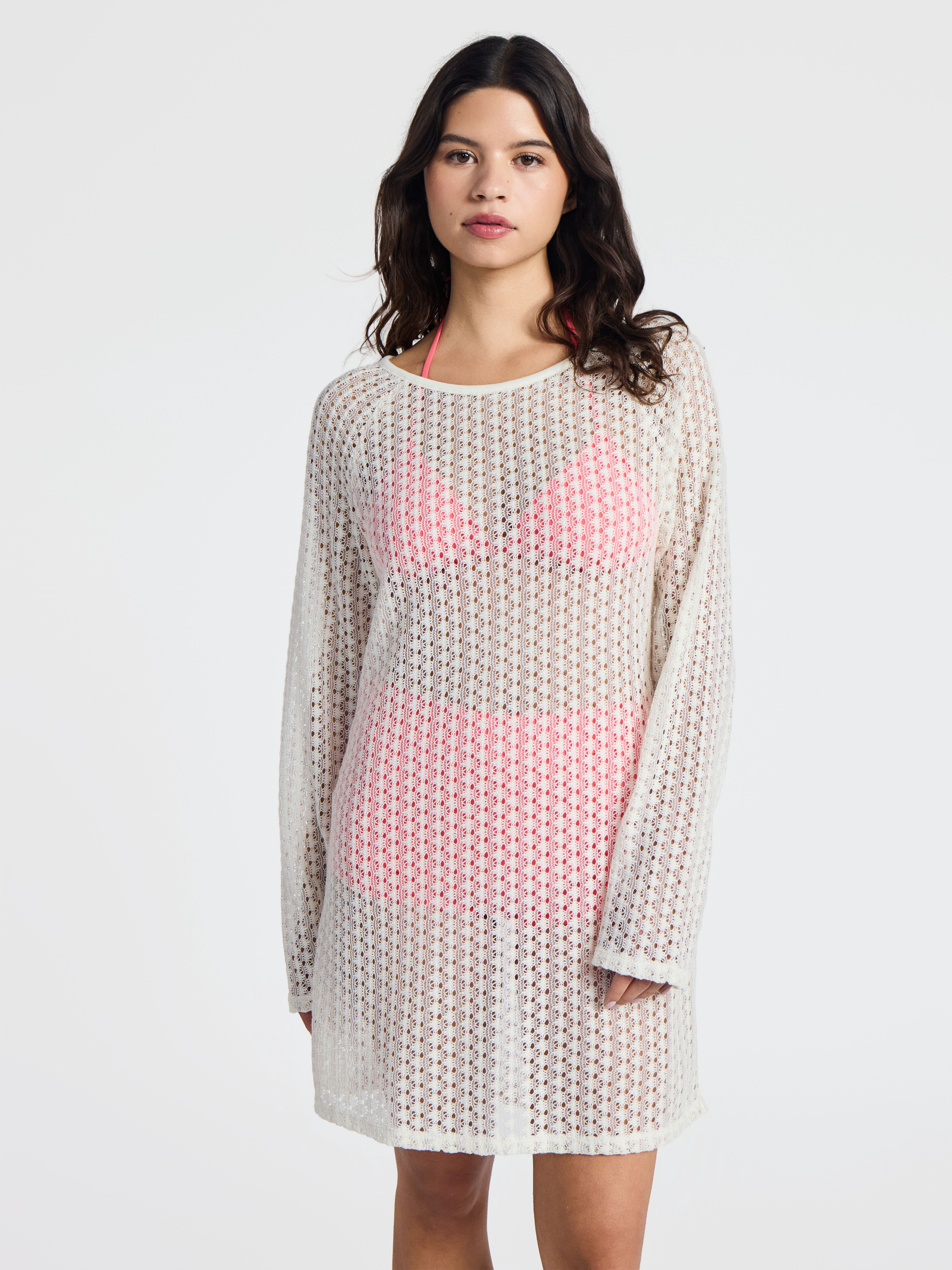 No Boundaries Crochet Raglan Dress Swim Coverup with Long Sleeves, Women's
