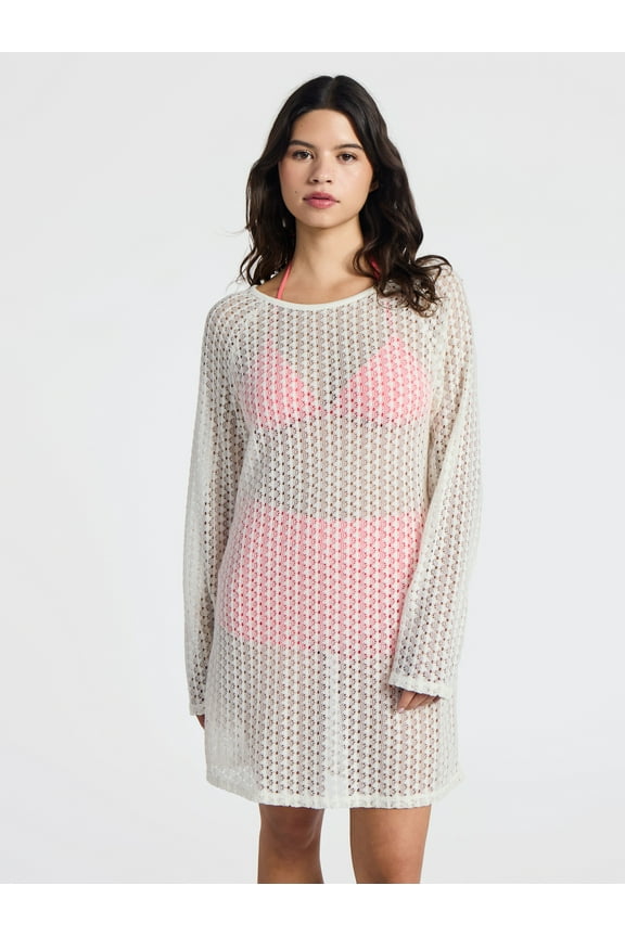 Crochet Raglan Dress Swim Coverup with Long Sleeves, Women's