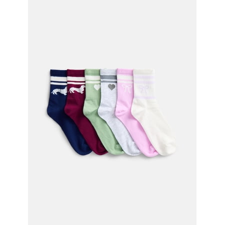No Boundaries Women's Ribbed Mid Crew Socks, 6 Pack, Shoe Sizes 4-10