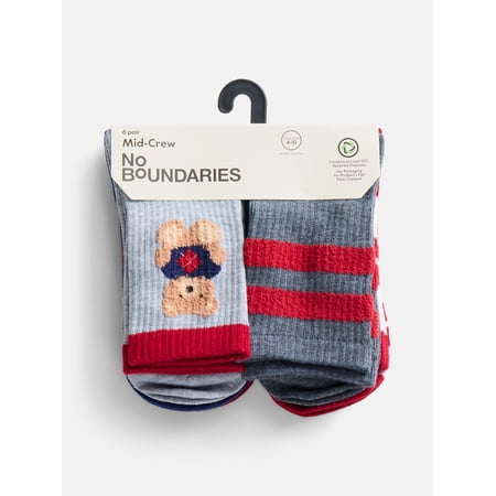 No Boundaries Women's Ribbed Mid Crew Socks, 6 Pack, Shoe Sizes 4-10