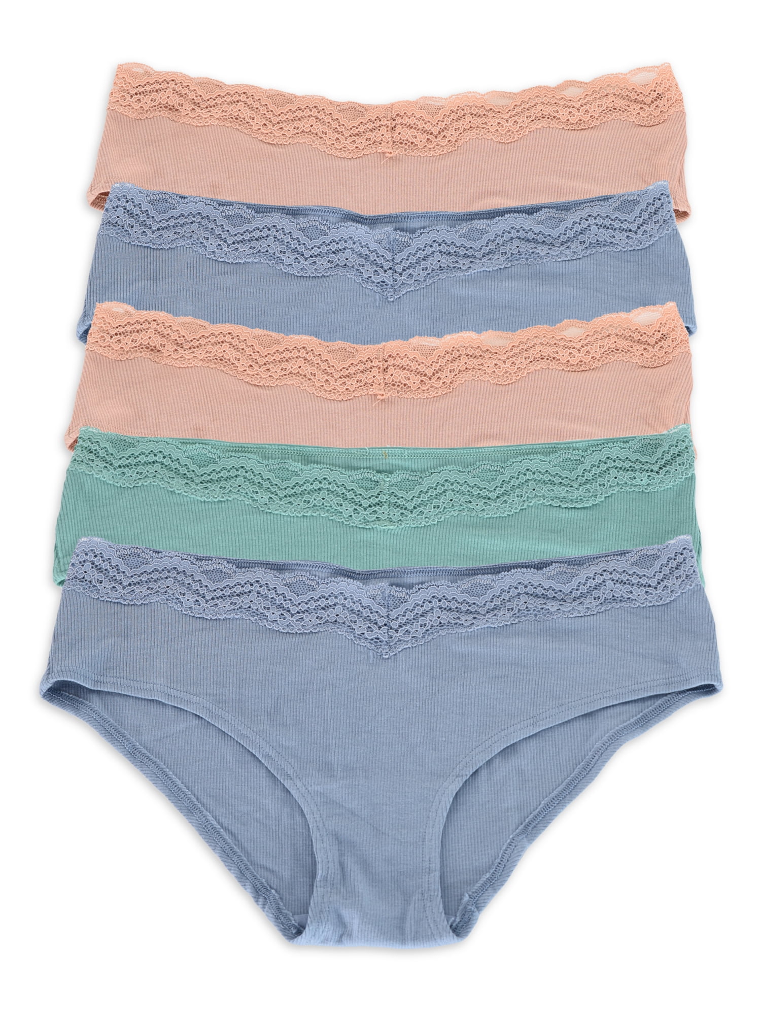 No Boundaries Women's Ribbed Hipster Panties with Lace, 5-Pack