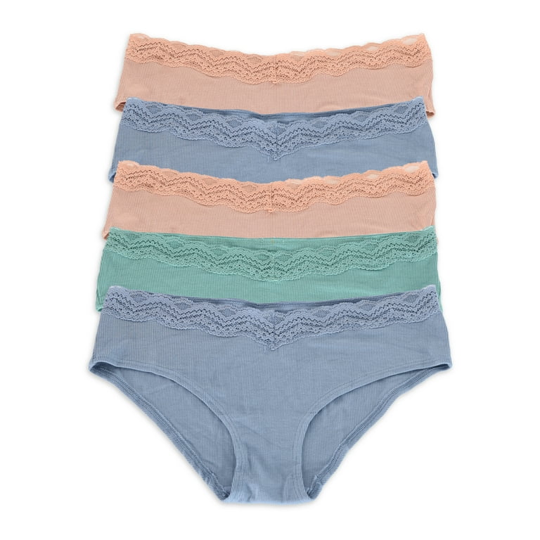 No Boundaries Women's Ribbed Hipster Panties with Lace, 5-Pack 