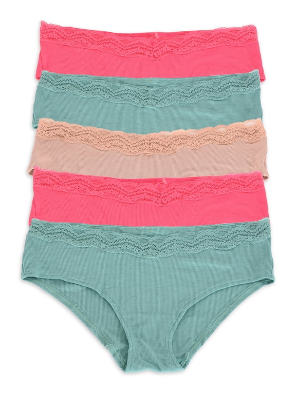 Women's Ribbed Hipster Panties with Lace, 5-Pack